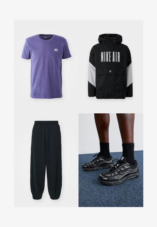 Svart vindjacka med huva, med "NIKE AIR" i stora vita bokstäver. Grå detaljer på axlarna och en framficka. Smidig design.; Lila bomull T-shirt med rund hals, korta ärmar och en liten vit logotyp på vänster bröstområde. Slät textur, avslappnad design.; Svarta, elastiska sweatpants med lös passform, mudd vid anklarna, slät textur och utan synliga mönster eller detaljer i metall.; Svarta Nike-skor har en mesh-övre med accentstripes, texturerad snörning och en svart gummisula. Bärs med svarta ribbade strumpor.
