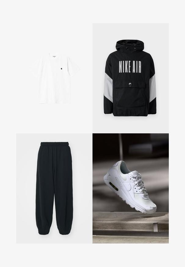 Zwarte windbreaker jas met capuchon, met "NIKE AIR" in grote witte letters. Grijze accenten op de schouders en een voorvak. Strak ontwerp.; Witte katoenen T-shirt met korte mouwen, ronde hals en een klein zwart logo op de linkerborst. Zachte textuur en standaard pasvorm.; Zwarte, elastiche sweatpants met een losse pasvorm, manchetten aan de enkels, een zachte textuur en zonder zichtbare patronen of hardwareaccenten.; Witte Nike Air Max 90 sneaker met een bovenwerk van mesh en leer, een geperforeerde teenbox en een zichtbare luchtunit in de hiel.