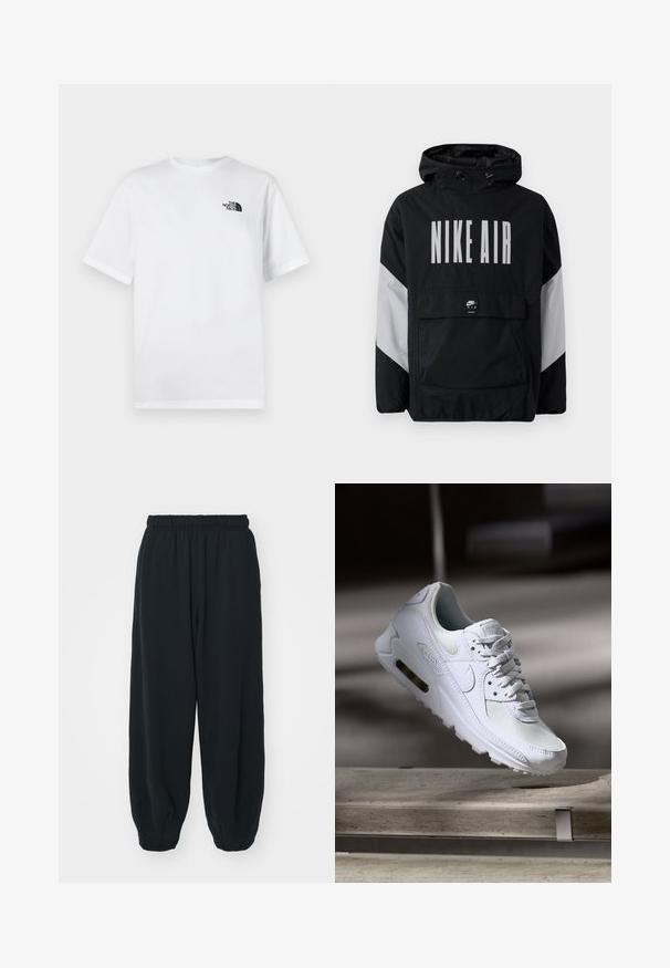 Cazadora negra con capucha, que presenta "NIKE AIR" en grandes letras blancas. Acentos grises en los hombros y un bolsillo frontal tipo pouch. Diseño elegante.; Camiseta blanca de algodón con cuello redondo y mangas cortas. Presenta un pequeño logo negro en el área del pecho izquierdo. Textura suave, diseño sencillo.; Pantalones de chándal negros con cintura elástica, de corte holgado, con puños en los tobillos, textura suave y sin patrones visibles ni acentos metálicos.; Zapatilla Nike Air Max 90 blanca con parte superior de malla y cuero, caja de puntera perforada y unidad de aire visible en el talón.