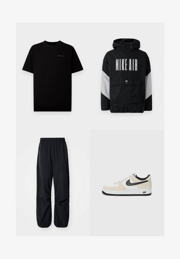 Melnā vēja necaurlaidīgā jaka ar kapuci, uz kuras ir liels balts uzraksts "NIKE AIR". Pelēki akcenti uz pleciem un priekšējā kabata. Moderns dizains.; Melna kokvilnas T-krekls ar īsām piedurknēm un apaļu apkakli. Uz krūtīm ir mazs logo "Last Resort AB", izšūts gaišā krāsā.; Melnas vieglas kravas bikses ar elastīgu jostu, sānu rāvējslēdzējiem un plašām kabatām. Izaicinājumu veido brīvi pieguļoša piegriezne un sašaurināti aproces.; Sneakeri ar gaiši bež zamšas un baltas ādas augšdaļu, melnu Nike swoosh, melniem akcentiem un baltu gumijas zoli ar "AIR" zīmolu.