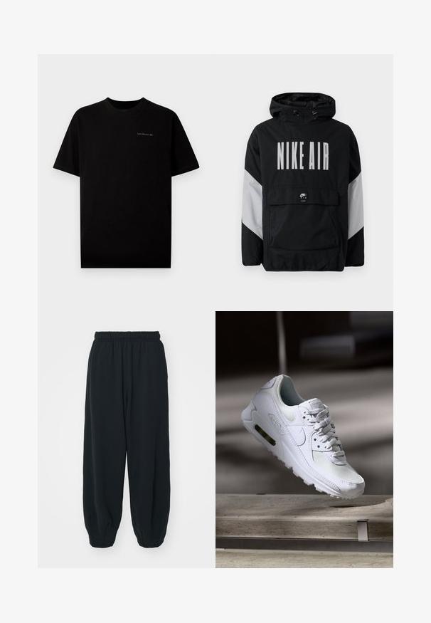 Juodas vėjaraščių striukė su kapišonu, ant kurio užrašyta "NIKE AIR" didelėmis baltomis raidėmis. Pilki akcentai ant pečių ir priekinė kišenė. Modernus dizainas.; Juodas medvilnės marškinėliai trumpomis rankovėmis ir apvaliu kaklu. Ant krūtinės siuvinėta mažas „Last Resort AB“ logotipas šviesia spalva.; Juodi, su elastiniu juosmeniu sportiniai kelnės su laisvu siluetu, suapvalintais kulkšnimis, lygia tekstūra ir be matomų raštų ar metalinių akcentų.; Baltos Nike Air Max 90 sportbačiai su.comi ir odos viršumi, perforuota pirštų dėžute ir matomu oro pagalvėle kulne.