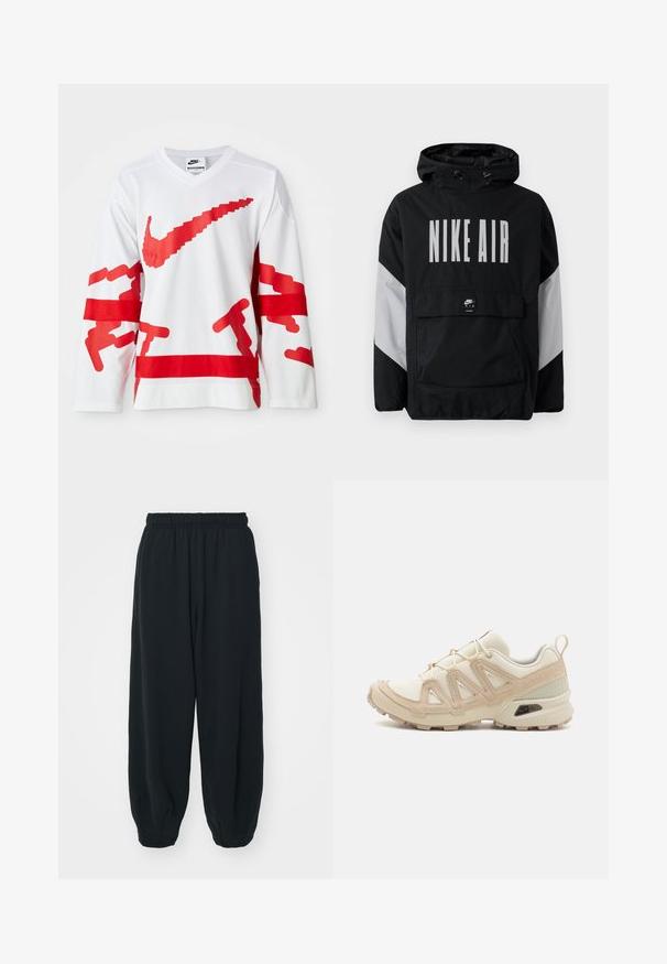 Fekete szélálló dzseki kapucnival, nagyméretű fehér "NIKE AIR" felirattal. Szürke díszítéssel a vállakon és egy elülső zsebbel. Elegáns kialakítás.; Fehér, hosszú ujjú dzseki piros grafikai elemekkel, beleértve egy nagy Nike logót, hálós textúrával és kontrasztos vízszintes piros csíkokkal.; Fekete, rugalmas derékpántos melegítőnadrág, laza fit, véget érő szárakkal, sima textúrával, látható minták vagy hardver díszek nélkül.; Beige és krém színű sportcipő, texturált hálós felsőrésszel, támogató burkolattal és gumitalppal, amely tapadás érdekében bordázott mintázattal rendelkezik.