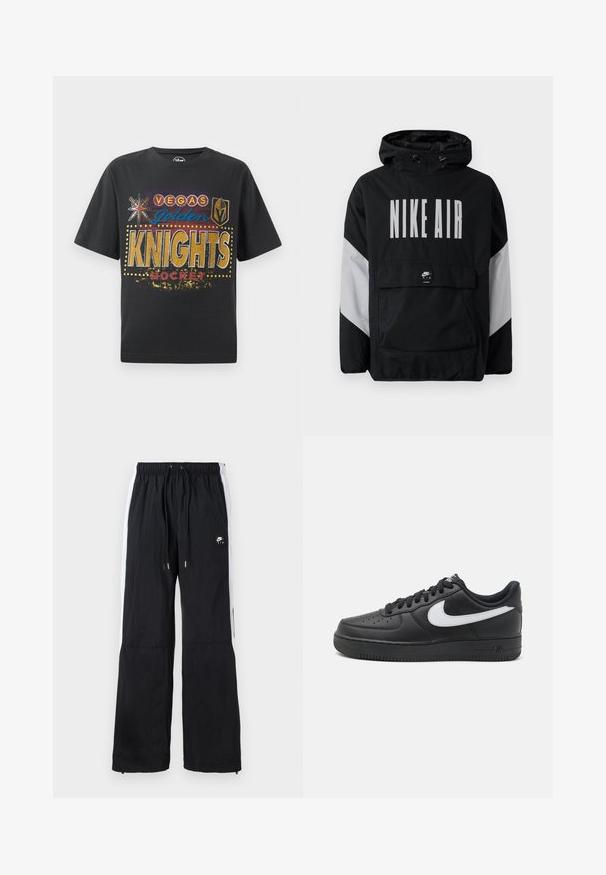 Melnā vēja necaurlaidīgā jaka ar kapuci, uz kuras ir liels balts uzraksts "NIKE AIR". Pelēki akcenti uz pleciem un priekšējā kabata. Moderns dizains.; Melnas kokvilnas T-krekls ar zelta, zilas un sarkanas krāsas uzdruku "Vegas Golden Knights Hokejs", ar zvaigžņu un vairoga ikonām, kā arī punktiņu akcentiem.; Melnas sporta bikses ar elastīgu jostasvietu, baltām sānu svītrām, ar rāvējslēdzējiem pie aprocēm un gumijotu logotipa detaļu priekšā.; Melni Nike Air Force 1 kedai ar gludu ādas virsu, balti logotipa akcenti, perforētu purngals un teksturēta gumijas zole.