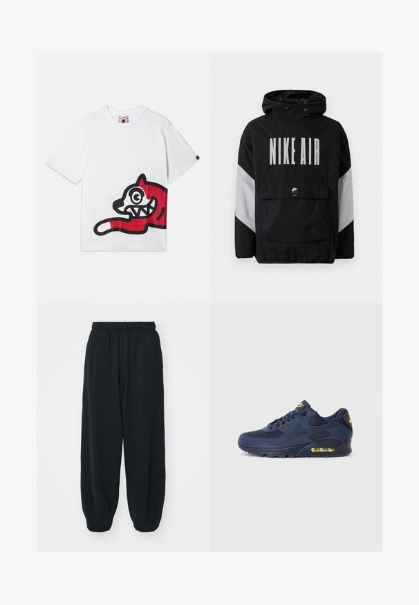 Schwarze Windbreaker-Jacke mit Kapuze, versehen mit großem weißen Text "NIKE AIR". Graue Akzente an den Schultern und eine vordere Taschenöffnung. Elegantes Design.; Weißes Baumwoll-T-Shirt mit einem großen roten und schwarzen Grafik eines cartoonhaften Katers mit übertriebenen Augen und Zähnen, seitlich platziert.; Schwarze Sweatpants mit elastischem Bund, lockerer Passform, gerippten Beinabschlüssen, glatter Textur und ohne sichtbare Muster oder Hardware-Akzente.; Dunkelblaue Nike Air Max Sneaker mit Obermaterial aus Wildleder und Mesh, ausgestattet mit gelben Akzenten, Schnürung vorne und sichtbarer Luftpolsterung in der Sohle.