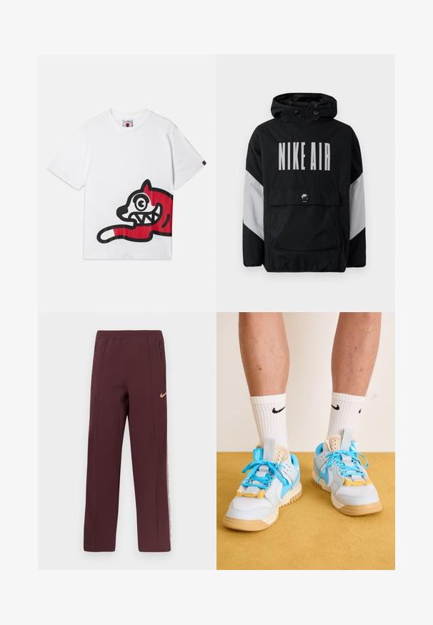 Melnā vēja necaurlaidīgā jaka ar kapuci, uz kuras ir liels balts uzraksts "NIKE AIR". Pelēki akcenti uz pleciem un priekšējā kabata. Moderns dizains.; Balta kokvilnas T-kreklu ar lielu sarkanu un melnu grafiku, attēlojot karikatūru līdzīgu kaķi ar izteiktām acīm un zobiem, novietotu uz sāna.; Burgundijas krāsas sporta bikses ar gludu tekstūru, sānu rāvējslēdzēja kabatām un baltu svītru ar tekstu gar ārējām šuvēm. Nike logo zeltainā krāsā.; Gaiši zili sporta apavi ar brūnu zoli, ar izteiktiem tirkīza šņorēm un dzeltenām akcentiem. Tekstūrēti materiāli un redzama gaisa amortizācija.