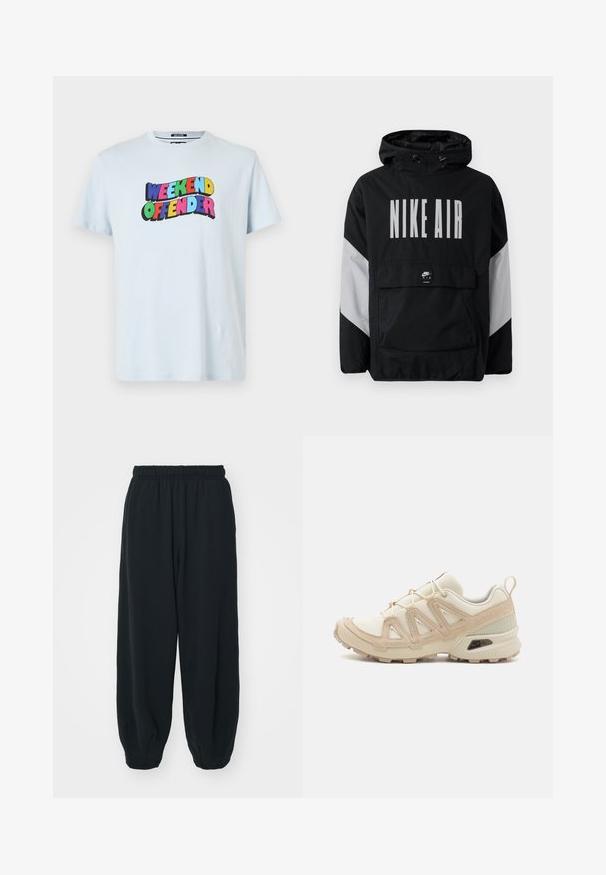 Juodas vėjaraščių striukė su kapišonu, ant kurio užrašyta "NIKE AIR" didelėmis baltomis raidėmis. Pilki akcentai ant pečių ir priekinė kišenė. Modernus dizainas.; Šviesiai mėlynas medvilninis marškinėliai su daugiakomponentė „WEEKEND OFFENDER“ grafika, spausdinta per krūtinę ryškiomis, žaismingomis raidėmis.; Juodi, su elastiniu juosmeniu sportiniai kelnės su laisvu siluetu, suapvalintais kulkšnimis, lygia tekstūra ir be matomų raštų ar metalinių akcentų.; Bežinės ir kreminės spalvos sportinės bateliai su tekstūruoto tinklelio viršutine dalimi, palaikančiomis detalėmis ir guminiais padais, turinčiais raštą, užtikrinantį sukibimą.