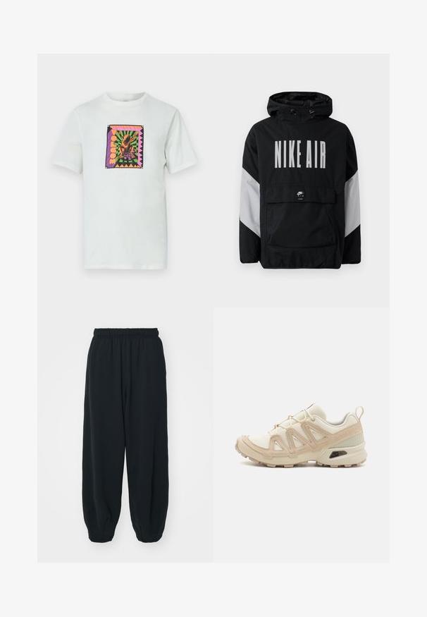 Jachetă neagră tip windbreaker cu glugă, având inscriptionat "NIKE AIR" cu litere mari albe. Accente gri pe umeri și un buzunar frontal tip pouch. Design elegant.; Tricou alb din bumbac cu un grafic pătrat, colorat, având un design cu broasca și text, plasat pe un fundal geometric cu margini accentuate.; Pantaloni de trening negri, cu talie elastică, cu o croială lejeră, la baza pantaloni fiind strânși, având o textură netedă și fără modele sau accente metalice vizibile.; Pantofii sport bej și crem au un superior din plasă texturată, suprapuneri de susținere și o talpă din cauciuc cu un model de profil pentru aderență.