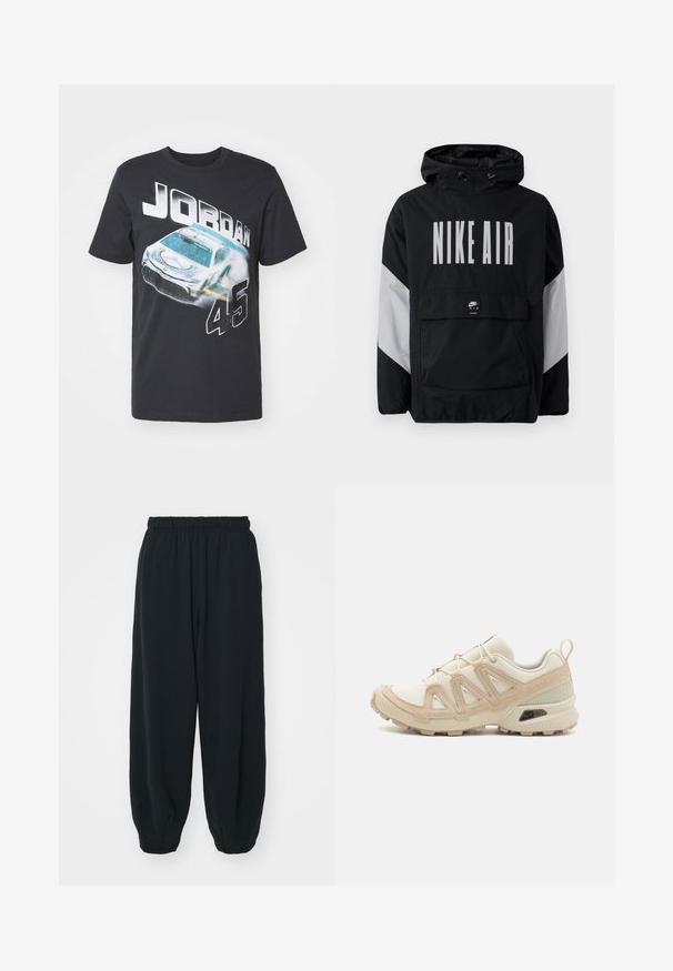 Black windbreaker jacket with a hood, featuring "NIKE AIR" in large white text. Grey accents on shoulders and a front pouch pocket. Sleek design.; Black cotton t-shirt featuring a graphic of a racing car and the text "JORDAN 45" in bold white letters. Short sleeves, crew neck design.; Black, elasticated-waist sweatpants with a loose fit, cuffed ankles, smooth texture, and no visible patterns or hardware accents.; Beige and cream athletic shoe with textured mesh upper, supportive overlays, and rubber outsole featuring a tread pattern for traction.