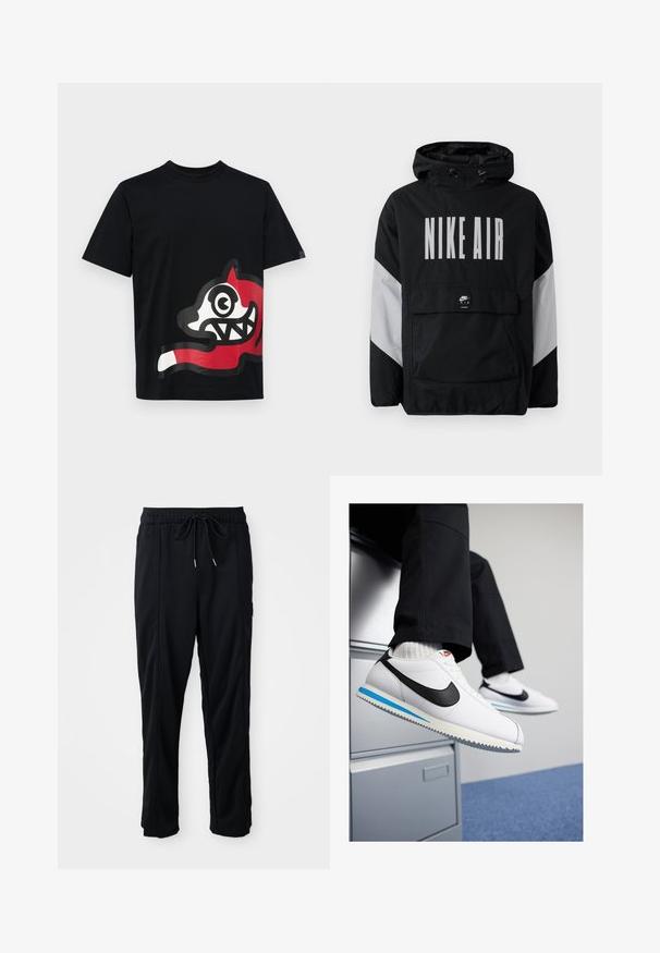 Juodas vėjaraščių striukė su kapišonu, ant kurio užrašyta "NIKE AIR" didelėmis baltomis raidėmis. Pilki akcentai ant pečių ir priekinė kišenė. Modernus dizainas.; Icecream JUMBO RUNNING DOG - Marškinėliai su spaudiniu - black; Juodos laisvos kelnės su raišteliu liemens, šoninėmis kišenėmis ir tiesiu kirpimu ant vienodos fono.; Baltos odinės sportbačiai su juodu Nike logotipu, šviesiai mėlyna ir pilka guma padais bei klasikiniu raištelių dizainu. Kojos remiasi į dokumentų spintą.