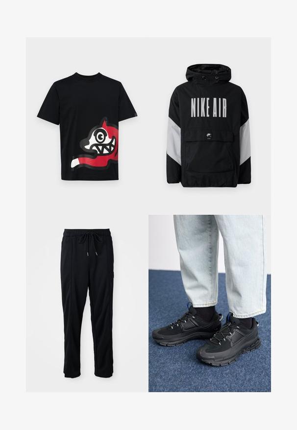 Juodas vėjaraščių striukė su kapišonu, ant kurio užrašyta "NIKE AIR" didelėmis baltomis raidėmis. Pilki akcentai ant pečių ir priekinė kišenė. Modernus dizainas.; Icecream JUMBO RUNNING DOG - Marškinėliai su spaudiniu - black; Juodos laisvos kelnės su raišteliu liemens, šoninėmis kišenėmis ir tiesiu kirpimu ant vienodos fono.; Juodi sportiniai bateliai su tekstūruota medžiaga ir guminiais padais, su elastingomis raišteliais ir mėlynu akcentu ant kulno. Dėvimi su šviesiai mėlynomis džinsinėmis kelnėmis.
