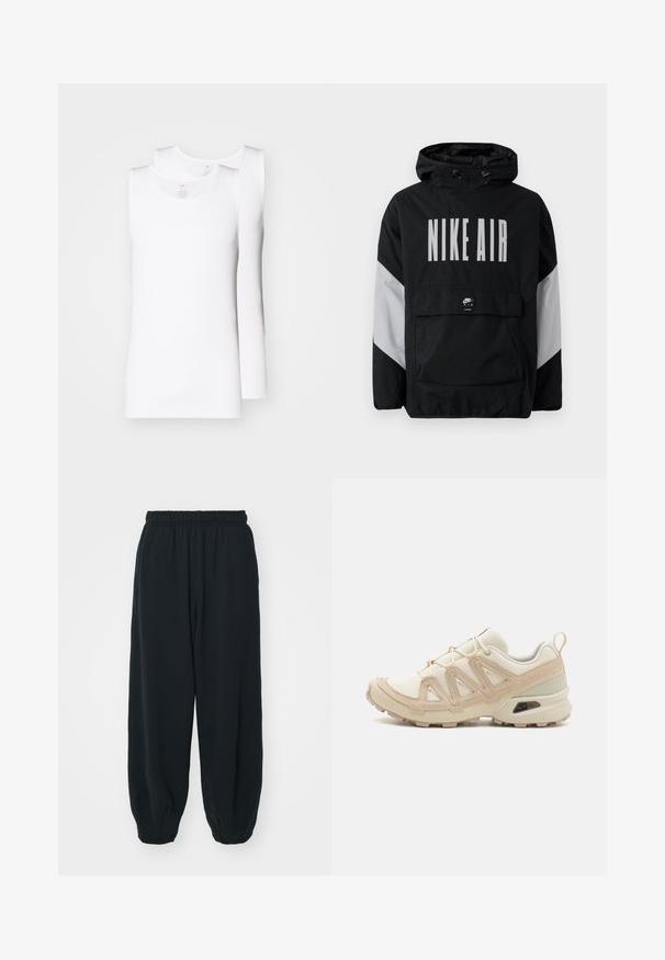 Casaco impermeável preto com capuz, apresentando "NIKE AIR" em grandes letras brancas. Detalhes cinzentos nos ombros e um bolso frontal tipo pouch. Design elegante.; Duas t-shirts brancas de algodão expostas. Apresentam um decote redondo, design sem mangas, com uma textura suave e um corte ajustado.; Calças de fato de treino pretas, com cintura elástica e um corte solto, com punhos nas pernas, textura suave e sem padrões visíveis ou detalhes de metal.; Sapatilha atlética beige e creme com parte superior em malha texturizada, sobreposições de suporte e sola de borracha com um padrão de cravo para tração.