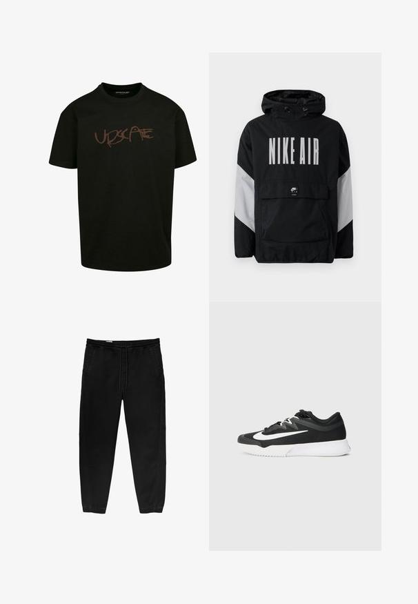 Zwarte windbreaker jas met capuchon, met "NIKE AIR" in grote witte letters. Grijze accenten op de schouders en een voorvak. Strak ontwerp.; Zwarte T-shirt van katoen, met een bruin gedrukt logo "UPDSCAPE" in graffiti-stijl op de voorkant. Korte mouwen, ronde hals.; Zwarte elastische taillebandbroeken met een trekkoord, taps toelopende benen, zijzakken en subtiele stiksels aan de zijkanten. Zachte katoenachtige stof.; Zwarte sportieve schoen met een gestructureerde bovenkant, witte swoosh-logo, vetersluiting en rubberen zool met een patroon.
