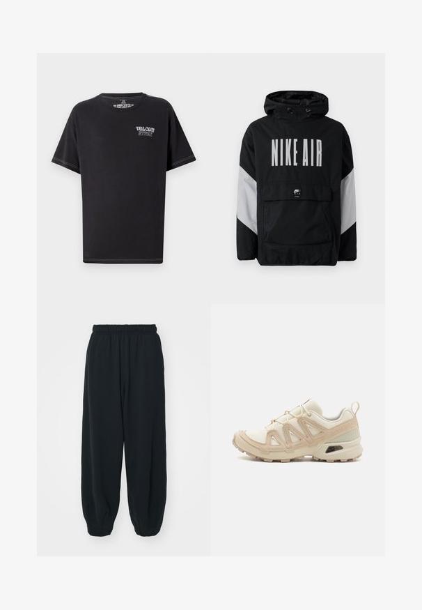 Casaco impermeável preto com capuz, apresentando "NIKE AIR" em grandes letras brancas. Detalhes cinzentos nos ombros e um bolso frontal tipo pouch. Design elegante.; T-shirt preta feita de algodão, com um decote redondo, mangas curtas e costuras em contraste brancas. Na parte da frente exibe "VOLCOM STORE" em letras claras.; Calças de fato de treino pretas, com cintura elástica e um corte solto, com punhos nas pernas, textura suave e sem padrões visíveis ou detalhes de metal.; Sapatilha atlética beige e creme com parte superior em malha texturizada, sobreposições de suporte e sola de borracha com um padrão de cravo para tração.