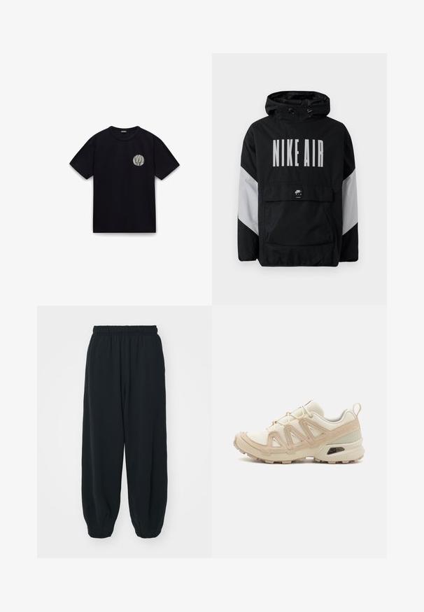 Must värvusega tuulejope kapuutsiga, millel on suurtes valgetes tähtedes "NIKE AIR". Hallid aktsendid õlgadel ja eesmine taskupõhi. Suletud disain.; Must t-särk musta värvi, lühikeste käistega, ümmarguse kaeluse ja valge ringikujulise logoga vasakul rinnapeal. Sile tekstuur, argine disain.; Mustade elastse vöökoha ja laia lõikega dressipüksid, mansetiga sääred, sile tekstuur ning ilma nähtavate mustrite või detailideta.; Beež ja koobalti spordijalats tekstureeritud võrkkattega, toetavad ülemised kihid ja kummist tallaga, millel on mustriga joonistus haardeks.