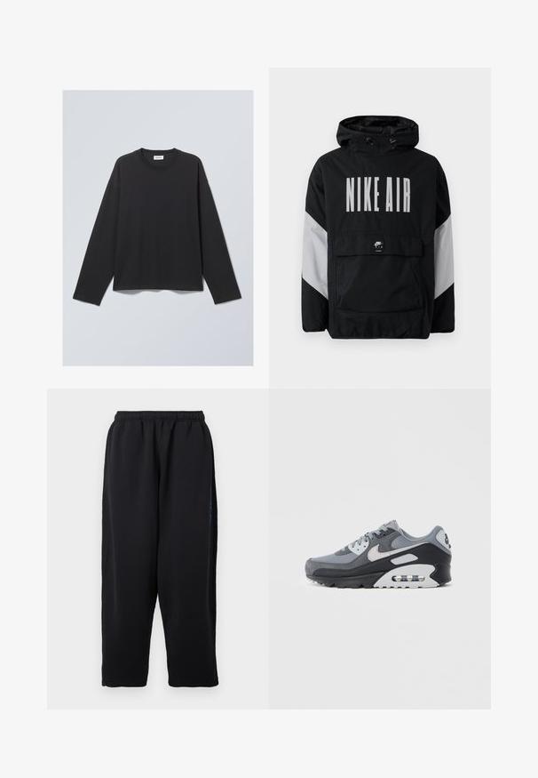 Juodas vėjaraščių striukė su kapišonu, ant kurio užrašyta "NIKE AIR" didelėmis baltomis raidėmis. Pilki akcentai ant pečių ir priekinė kišenė. Modernus dizainas.; Juodas ilgo rankovės marškinėlis, pagamintas iš minkštos medžiagos. Sukurtas su apvaliu kaklu ir laisvu siluetu. Siūlių detalės ant pečių, minimalus dizainas.; Juodos laisvalaikio kelnės iš minkštos medžiagos, su elastiniu liemeniu, plačiomis kojų dalimis ir šoninėmis kišenėmis su subtiliomis mėlynomis detalėmis.; Pilkas sportinis batelis, pagamintas iš akių ir zomšos medžiagų mišinys, juodas padas ir matoma oro pagalvėlė. Ryškūs šviesiai pilki akcentai ir batraiščiai.