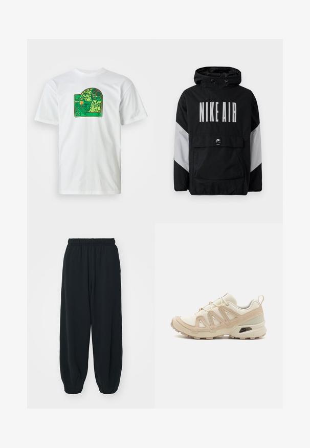 Čierna vetrovka s kapucňou, s veľkým bielym nápisom "NIKE AIR". Šedé akcenty na pleciach a predná vrecko na zips. Elegantný dizajn.; Biela bavlnená tričko s grafickým motívom zelenej dosky s obvodmi, obsahujúcim zložité vzory, červené akcenty a prvok s vrstveným dizajnom.; Čierne tepláky s elastickým pásom, vo voľnom strihu, s manžetami na členkoch, hladkej textúry a bez viditeľných vzorov alebo kovových doplnkov.; Beige a krémová športová obuv s textúrovaným sieťovým zvrškom, podporujúcimi prekrytiami a gumovou podrážkou s dezénom pre trakciu.