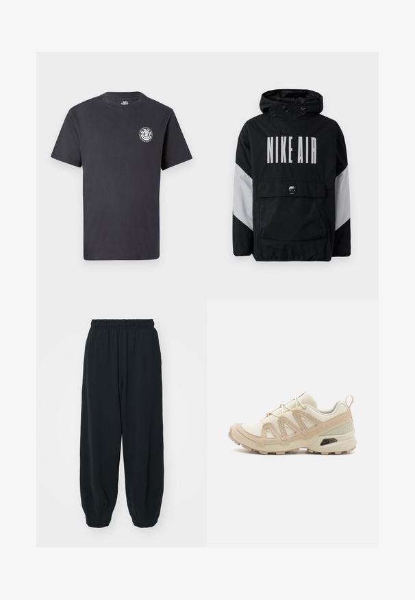 Cazadora negra con capucha, que presenta "NIKE AIR" en grandes letras blancas. Acentos grises en los hombros y un bolsillo frontal tipo pouch. Diseño elegante.; Camiseta de algodón negra con mangas cortas, escote redondo y un pequeño logotipo gráfico en el lado izquierdo del pecho. Textura suave, diseño casual.; Pantalones de chándal negros con cintura elástica, de corte holgado, con puños en los tobillos, textura suave y sin patrones visibles ni acentos metálicos.; Zapatilla deportiva beige y crema con parte superior de malla texturizada, superposiciones de soporte y suela de goma con un patrón de tracción.