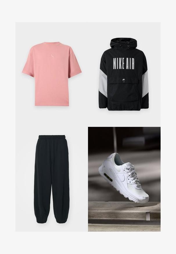 Juodas vėjaraščių striukė su kapišonu, ant kurio užrašyta "NIKE AIR" didelėmis baltomis raidėmis. Pilki akcentai ant pečių ir priekinė kišenė. Modernus dizainas.; Rožinė medvilninė marškinė su trumpomis rankovėmis, apykakle ir išsiuvinėtu logotipu centre. Lygi tekstūra ir laisvas kirpimas.; Juodi, su elastiniu juosmeniu sportiniai kelnės su laisvu siluetu, suapvalintais kulkšnimis, lygia tekstūra ir be matomų raštų ar metalinių akcentų.; Baltos Nike Air Max 90 sportbačiai su.comi ir odos viršumi, perforuota pirštų dėžute ir matomu oro pagalvėle kulne.