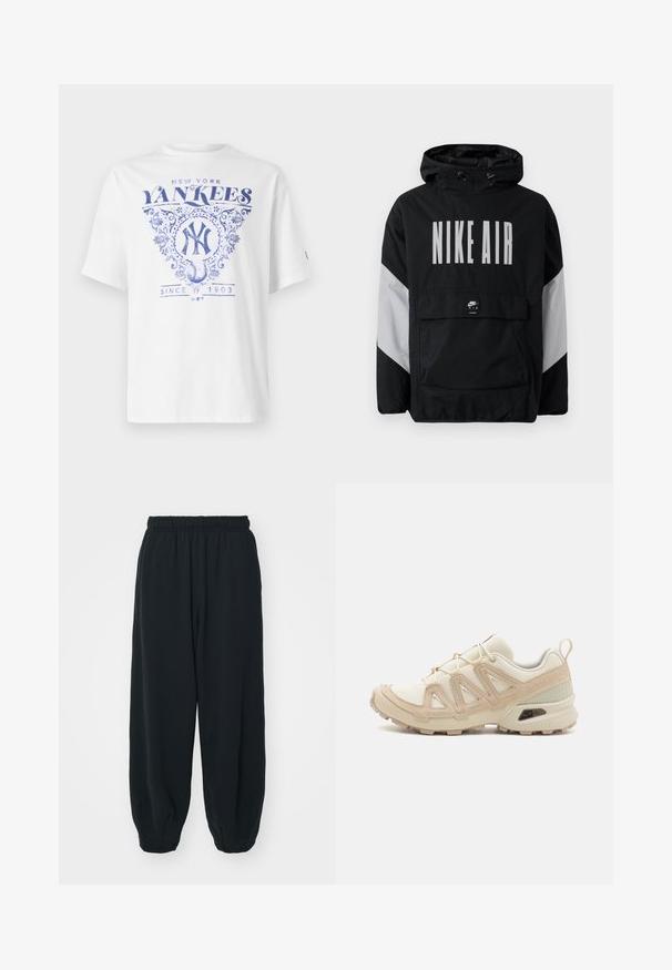 Juodas vėjaraščių striukė su kapišonu, ant kurio užrašyta "NIKE AIR" didelėmis baltomis raidėmis. Pilki akcentai ant pečių ir priekinė kišenė. Modernus dizainas.; Balta marškinėliai su mėlynu spaudiniu, kuriame užrašytas „New York Yankees“, puošnūs detalės ir „Nuo 1903“ po beisbolo grafika. Trumpomis rankovėmis.; Juodi, su elastiniu juosmeniu sportiniai kelnės su laisvu siluetu, suapvalintais kulkšnimis, lygia tekstūra ir be matomų raštų ar metalinių akcentų.; Bežinės ir kreminės spalvos sportinės bateliai su tekstūruoto tinklelio viršutine dalimi, palaikančiomis detalėmis ir guminiais padais, turinčiais raštą, užtikrinantį sukibimą.