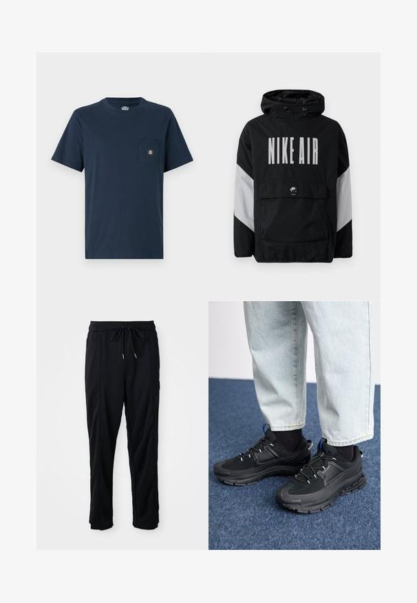 Black windbreaker jacket with a hood, featuring "NIKE AIR" in large white text. Grey accents on shoulders and a front pouch pocket. Sleek design.; Navy blue cotton t-shirt with short sleeves, crew neck, and a chest pocket featuring a square logo patch. Smooth texture, casual design.; Black drawstring waist casual pants with side seam pockets and straight leg cut on a plain background.; Black athletic shoes with textured fabric and rubber soles, featuring elastic laces and a blue accent on the heel. Worn with light denim pants.