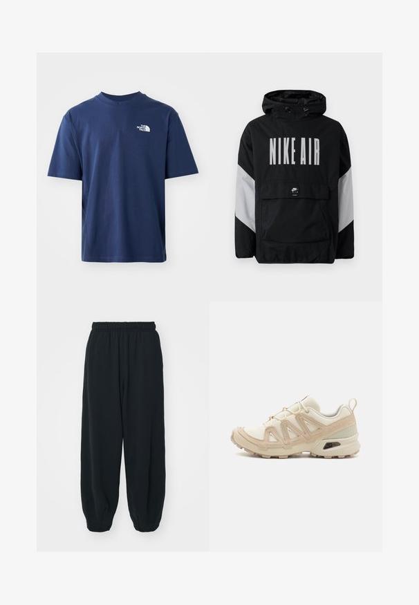 Juodas vėjaraščių striukė su kapišonu, ant kurio užrašyta "NIKE AIR" didelėmis baltomis raidėmis. Pilki akcentai ant pečių ir priekinė kišenė. Modernus dizainas.; Tamsiai mėlynas medvilninis marškinėliai su apvaliu kaklu, trumpomis rankovėmis ir baltu logotipu virš kairiojo krūtinės kampo. Lygus paviršius, standartinio dydžio.; Juodi, su elastiniu juosmeniu sportiniai kelnės su laisvu siluetu, suapvalintais kulkšnimis, lygia tekstūra ir be matomų raštų ar metalinių akcentų.; Bežinės ir kreminės spalvos sportinės bateliai su tekstūruoto tinklelio viršutine dalimi, palaikančiomis detalėmis ir guminiais padais, turinčiais raštą, užtikrinantį sukibimą.