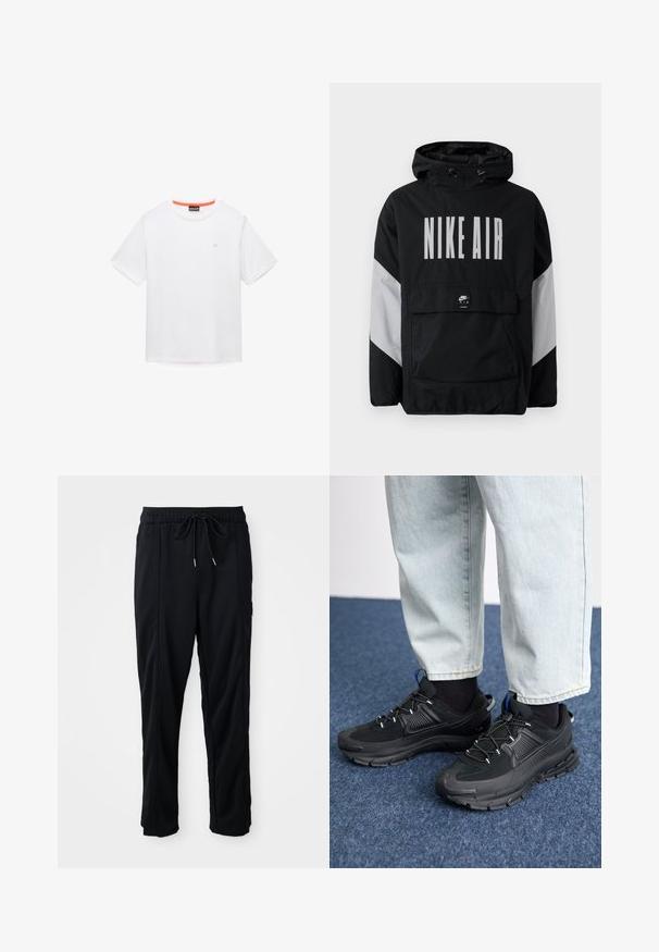 Must värvusega tuulejope kapuutsiga, millel on suurtes valgetes tähtedes "NIKE AIR". Hallid aktsendid õlgadel ja eesmine taskupõhi. Suletud disain.; Valge puuvillane T-särk ümmarguse kaelusega, lühikeste varrukatega ja väikese logoga rinnal. Kaelusel on kontrastset oranži ääristust.; Mustad nööridega vööga igapäevased mustad püksid, külgseamipocketid ja sirge sääre lõikega, ühtlasel taustal.; Mustad mustad jooksukingad, millel on tekstureeritud kangas ja kummist tallad, elastsed nöörid ning sinine aksent kandadel. Kandmine heledate teksadega.