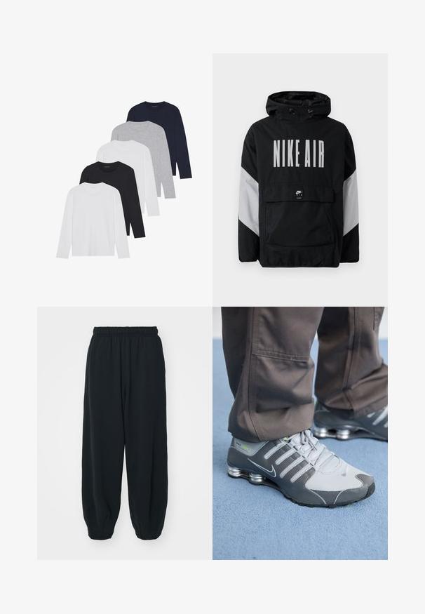 Schwarze Windbreaker-Jacke mit Kapuze, versehen mit großem weißen Text "NIKE AIR". Graue Akzente an den Schultern und eine vordere Taschenöffnung. Elegantes Design.; Fünf Langarmshirts in Weiß, Schwarz, Dunkelblau, Grau und Hellgrau. Aus weichem Stoff, mit Rundhalsausschnitten und gerippten Bündchen.; Schwarze Sweatpants mit elastischem Bund, lockerer Passform, gerippten Beinabschlüssen, glatter Textur und ohne sichtbare Muster oder Hardware-Akzente.; Graue und silberne Nike Shox Sneakers zeichnen sich durch ein schlankes Design aus, mit Netz- und Synthetikmaterialien, einer abgerundeten Zehenpartie und einem gepolsterten Schuhkragen.