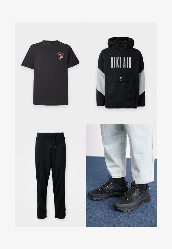 Černá větrovka s kapucí, na které je velký nápis "NIKE AIR" bílou barvou. Šedé akcenty na ramenech a přední kapsa. Elegantní design.; Černé bavlněné tričko s kulatým výstřihem, krátkými rukávy a grafickým designem psí tváře s červenými akcenty na hrudi.; Černé casual kalhoty se stahovací šňůrkou v pase, bočními kapsami a rovnými nohavicemi na jednobarevném pozadí.; Černé sportovní boty s texturovanou tkaninou a gumovou podrážkou, s elastickými tkaničkami a modrým akcentem na patě. Nosí se s světlými džíny.