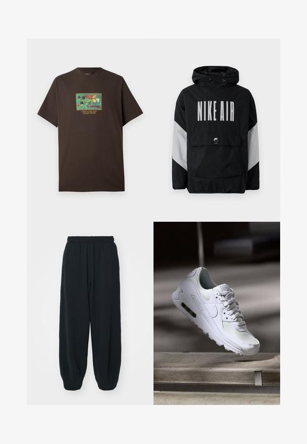 Must värvusega tuulejope kapuutsiga, millel on suurtes valgetes tähtedes "NIKE AIR". Hallid aktsendid õlgadel ja eesmine taskupõhi. Suletud disain.; Pruun puuvillane t-särk, millel on värvikas graafika puuviljade ja lehtedega. Lühikesed varrukad, lõtv sobivus ja ümmargune kaelus.; Mustade elastse vöökoha ja laia lõikega dressipüksid, mansetiga sääred, sile tekstuur ning ilma nähtavate mustrite või detailideta.; Valged Nike Air Max 90 sneakers, millel on võrkkangast ja nahast ülemine osa, aukudega varbadosa ning nähtav õhuüksus kandades.
