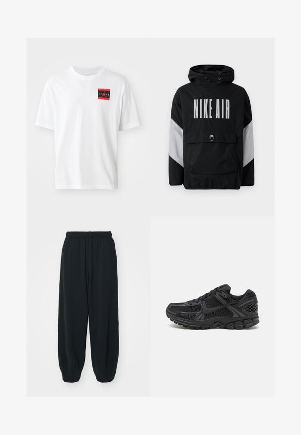 Must värvusega tuulejope kapuutsiga, millel on suurtes valgetes tähtedes "NIKE AIR". Hallid aktsendid õlgadel ja eesmine taskupõhi. Suletud disain.; Valge puuvillane T-särk, mille esiküljel on vasakul pool punane ja must ristkülikukujuline graafika, millel on tekst "AUTHENTIC JORDAN BY NIKE". Lühikesed varrukad.; Mustade elastse vöökoha ja laia lõikega dressipüksid, mansetiga sääred, sile tekstuur ning ilma nähtavate mustrite või detailideta.; Musta spordijalats, millel on võrgust ülemine osa, kummist tallad ja tekstureeritud detailid. Disain sisaldab silmapaistvat lõngasüsteemi ja pehmendatud tallaid.