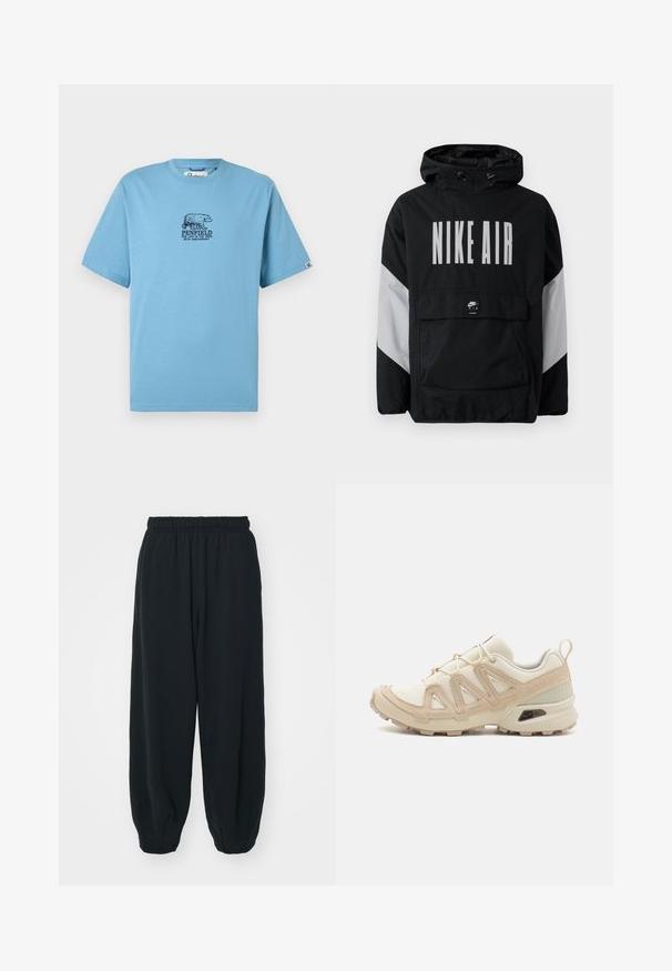 Juodas vėjaraščių striukė su kapišonu, ant kurio užrašyta "NIKE AIR" didelėmis baltomis raidėmis. Pilki akcentai ant pečių ir priekinė kišenė. Modernus dizainas.; Šviesiai mėlynas trumpomis rankovėmis apvalios kaklo marškinėliai su tamsiai mėlyna lokio grafika ir "Penfield 69-ojo Jubiliejaus" tekstu priekyje.; Juodi, su elastiniu juosmeniu sportiniai kelnės su laisvu siluetu, suapvalintais kulkšnimis, lygia tekstūra ir be matomų raštų ar metalinių akcentų.; Bežinės ir kreminės spalvos sportinės bateliai su tekstūruoto tinklelio viršutine dalimi, palaikančiomis detalėmis ir guminiais padais, turinčiais raštą, užtikrinantį sukibimą.