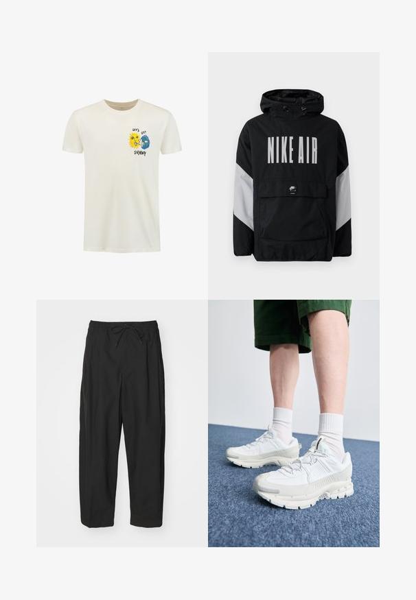 Juodas vėjaraščių striukė su kapišonu, ant kurio užrašyta "NIKE AIR" didelėmis baltomis raidėmis. Pilki akcentai ant pečių ir priekinė kišenė. Modernus dizainas.; Shiwi Marškinėliai su spaudiniu - jet stream white; Juodos kelnės su elastinga juostele, varstomomis užsegimo detalėmis ir laisvu siluetu. Pagamintos iš lygaus audinio, pasižyminčios minimalizmo dizainu.; Baltos sportinės bateliai su tekstūruotais uždengimais, masyviu padu ir pilkais akcentais. Dėvimi su baltais trumpais kojiniais ir žaliais šortais mėlyname paviršiuje.