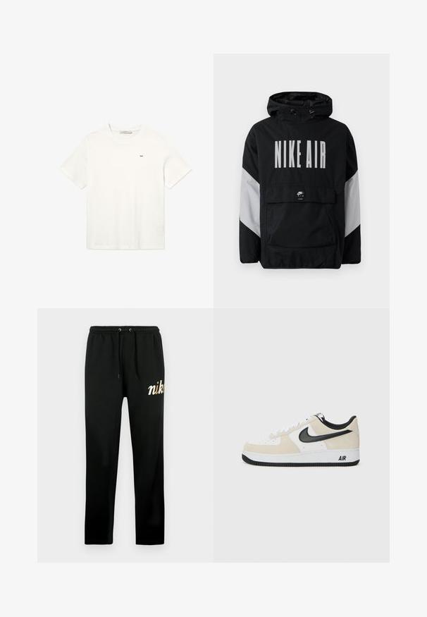 Fekete szélálló dzseki kapucnival, nagyméretű fehér "NIKE AIR" felirattal. Szürke díszítéssel a vállakon és egy elülső zsebbel. Elegáns kialakítás.; Fehér pamut póló rövid ujjakkal, kerek nyakkivágással és egy kicsi fekete logóval a mellkasán. Egyszerű, díszítés nélküli dizájn.; Fekete melegítőnadrág puha anyagból, gumis derékrésszel, húzózsinórokkal, szűkített szárakkal és arany hímzett "nike" logóval.; Világos bézs suede és fehér bőr felsőrésszel rendelkező sportcipők, fekete Nike logo, fekete részletek és fehér gumitalp, amelyen "AIR" felirat található.