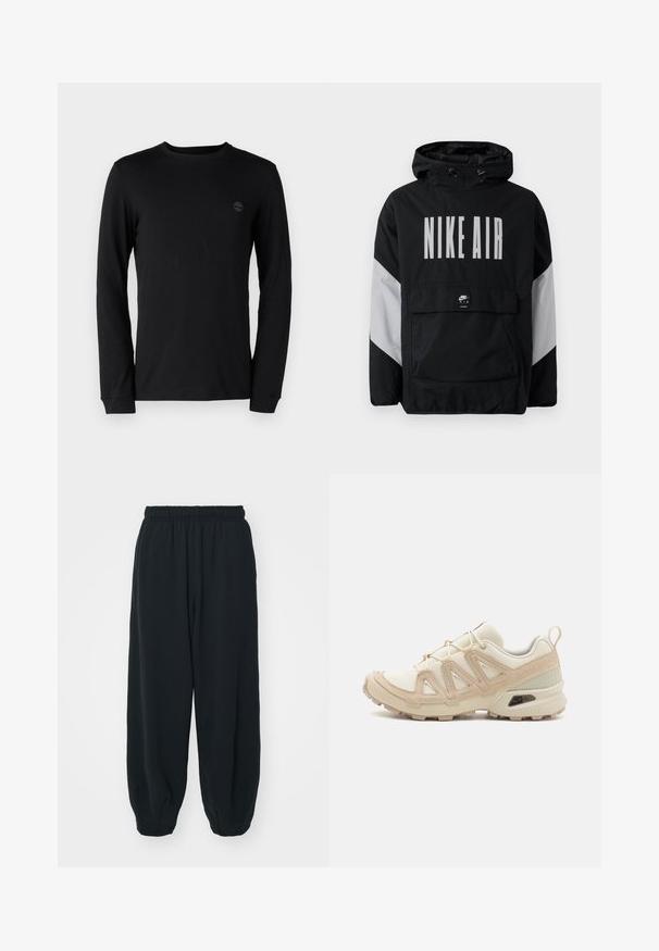 Čierna vetrovka s kapucňou, s veľkým bielym nápisom "NIKE AIR". Šedé akcenty na pleciach a predná vrecko na zips. Elegantný dizajn.; Čierne tričko s dlhým rukávom vyrobené z jemnej bavlny, s okrúhlym výstrihom a jemným logom na hrudi. S normálnymi manžetami.; Čierne tepláky s elastickým pásom, vo voľnom strihu, s manžetami na členkoch, hladkej textúry a bez viditeľných vzorov alebo kovových doplnkov.; Beige a krémová športová obuv s textúrovaným sieťovým zvrškom, podporujúcimi prekrytiami a gumovou podrážkou s dezénom pre trakciu.