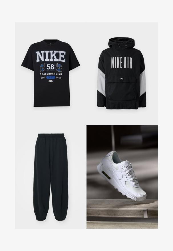 Čierna vetrovka s kapucňou, s veľkým bielym nápisom "NIKE AIR". Šedé akcenty na pleciach a predná vrecko na zips. Elegantný dizajn.; Čierne bavlnené tričko s výrazným bielym a modrým textom a grafikou "Nike 58 Skateboarding", oblečené s okrúhlym výstrihom a krátkymi rukávmi.; Čierne tepláky s elastickým pásom, vo voľnom strihu, s manžetami na členkoch, hladkej textúry a bez viditeľných vzorov alebo kovových doplnkov.; Biele tenisky Nike Air Max 90 s vrchnou časťou z kože a sieťoviny, perforovanou špičkou a viditeľnou vzduchovou jednotkou v päte.