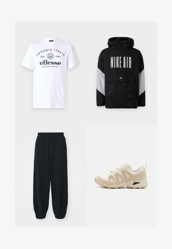 Casaco impermeável preto com capuz, apresentando "NIKE AIR" em grandes letras brancas. Detalhes cinzentos nos ombros e um bolso frontal tipo pouch. Design elegante.; Camiseta de algodão branca com mangas curtas, apresentando um decote redondo e texto gráfico preto, incluindo "Perugia Italia" e "ellesse."; Calças de fato de treino pretas, com cintura elástica e um corte solto, com punhos nas pernas, textura suave e sem padrões visíveis ou detalhes de metal.; Sapatilha atlética beige e creme com parte superior em malha texturizada, sobreposições de suporte e sola de borracha com um padrão de cravo para tração.