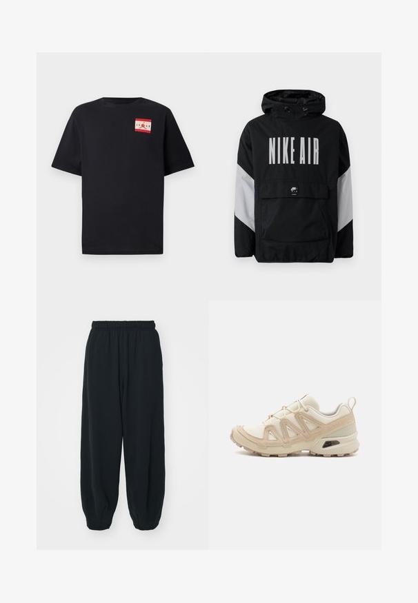 Juodas vėjaraščių striukė su kapišonu, ant kurio užrašyta "NIKE AIR" didelėmis baltomis raidėmis. Pilki akcentai ant pečių ir priekinė kišenė. Modernus dizainas.; Juodas trumpomis rankovėmis T-shirt, pagamintas iš medvilnės, su raudonu ir baltu grafinio logotipo pažeidimu kairėje krūtinės pusėje. Klasikinis apvalus iškirpimas.; Juodi, su elastiniu juosmeniu sportiniai kelnės su laisvu siluetu, suapvalintais kulkšnimis, lygia tekstūra ir be matomų raštų ar metalinių akcentų.; Bežinės ir kreminės spalvos sportinės bateliai su tekstūruoto tinklelio viršutine dalimi, palaikančiomis detalėmis ir guminiais padais, turinčiais raštą, užtikrinantį sukibimą.