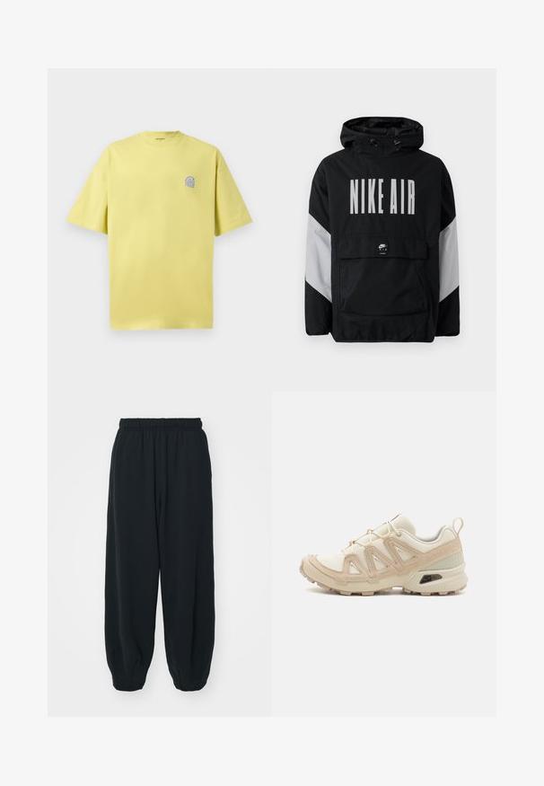 Veste coupe-vent noire avec capuche, affichant "NIKE AIR" en grandes lettres blanches. Accents gris aux épaules et poche avant. Design élégant.; T-shirt en coton jaune citron avec des manches courtes, col rond et un petit logo bleu sur la poitrine gauche. Texture douce, coupe décontractée.; Pantalons de survêtement noirs avec taille élastiquée, coupe ample, chevilles côtelées, texture lisse et sans motifs ni accents matériels visibles.; Baskets de sport beiges et crème avec une tige en mesh texturé, des superpositions de soutien et une semelle en caoutchouc dotée d'un motif de crampons pour une traction.