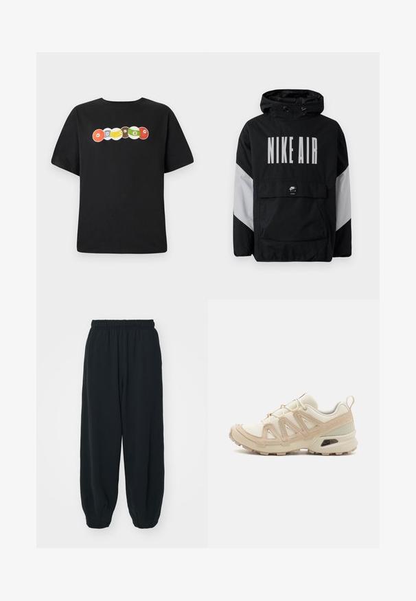 Cazadora negra con capucha, que presenta "NIKE AIR" en grandes letras blancas. Acentos grises en los hombros y un bolsillo frontal tipo pouch. Diseño elegante.; Camiseta negra de cuello redondo, con un gráfico multicolor de bolas de billar y la palabra "VOLCOM" en el pecho.; Pantalones de chándal negros con cintura elástica, de corte holgado, con puños en los tobillos, textura suave y sin patrones visibles ni acentos metálicos.; Zapatilla deportiva beige y crema con parte superior de malla texturizada, superposiciones de soporte y suela de goma con un patrón de tracción.