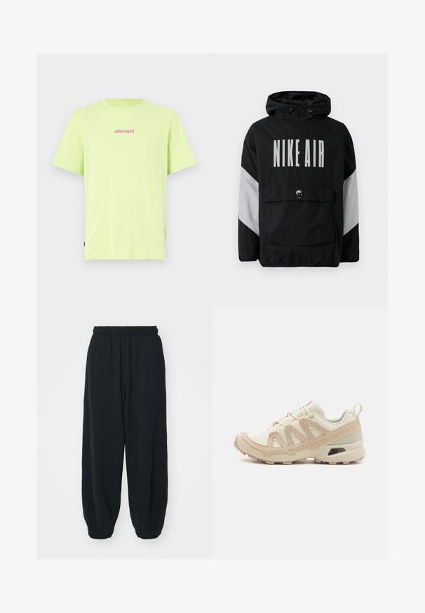 Černá větrovka s kapucí, na které je velký nápis "NIKE AIR" bílou barvou. Šedé akcenty na ramenech a přední kapsa. Elegantní design.; Limetkově zelené bavlněné tričko s krátkým rukávem. Na hrudi se nachází malé růžové logo "element". Rovný střih s bočním štítkem.; Černé teplákové kalhoty s elastickým pasem, volným střihem, manžetami na kotnících, hladkým povrchem a bez viditelných vzorů či kovových detailů.; Béžová a krémová sportovní obuv s texturovaným síťovaným svrškem, podpůrnými překryvy a gumovou podrážkou s dezénem pro lepší přilnavost.