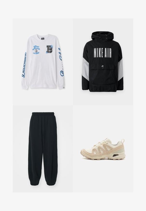 Veste coupe-vent noire avec capuche, affichant "NIKE AIR" en grandes lettres blanches. Accents gris aux épaules et poche avant. Design élégant.; T-shirt à manches longues blanche en coton avec des motifs graphiques bleus, y compris du texte et un "B" décoratif. Présente un col rond et des manches à poignets.; Pantalons de survêtement noirs avec taille élastiquée, coupe ample, chevilles côtelées, texture lisse et sans motifs ni accents matériels visibles.; Baskets de sport beiges et crème avec une tige en mesh texturé, des superpositions de soutien et une semelle en caoutchouc dotée d'un motif de crampons pour une traction.