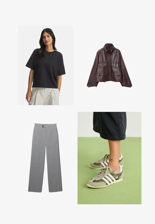 Ciemnobrązowa skórzana kurtka z wysokim kołnierzem, z przodu na zamek błyskawiczny, z zatrzaskami i dwoma dużymi kieszeniami na klatce piersiowej.; Kobieta z długimi ciemnymi włosami, ubrana w luźną czarną koszulkę z krótkim rękawem i jasnobeżowe spodnie z wysokim stanem, stoi z jedną ręką w kieszeni.; Szare dopasowane spodnie o szerokich nogawkach, z płaskim przodem i subtelnie chropowatą fakturą. Posiadają pojedyncze zapięcie na guzik oraz czyste linie.; Zielono-szare sneakersy z trzema białymi paskami, wykonane z zamszu i materiału siatkowego, niskoprofilowy design oraz metka z logo. Standardowa gumowa podeszwa.