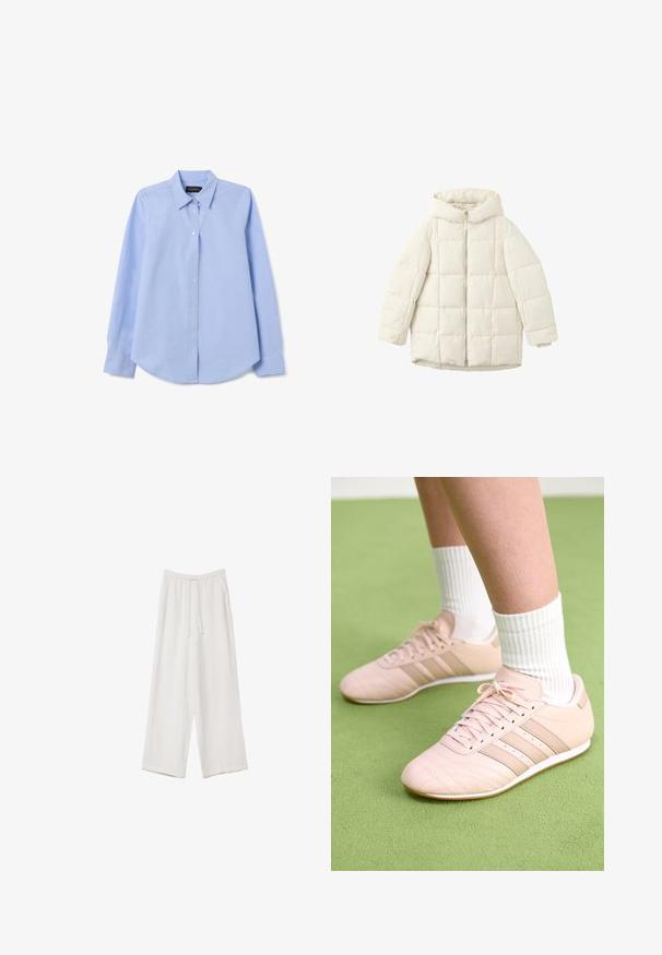 White quilted puffer jacket with a hood, featuring a front zipper and spacious sleeves. Smooth texture and stitched square pattern.; Light blue button-up shirt, long sleeves, classic collar, smooth cotton fabric, featuring white buttons and a relaxed fit.; Plain white short-sleeve crew neck t-shirt with a straight hem, displayed on a white background.; White wide-leg trousers made from a lightweight fabric. Features an elastic waistband with a drawstring and side pockets. Smooth texture.; Light pink athletic shoes with diagonal stitching, white soles, and three lateral stripes. Worn with ribbed white socks on green surface.