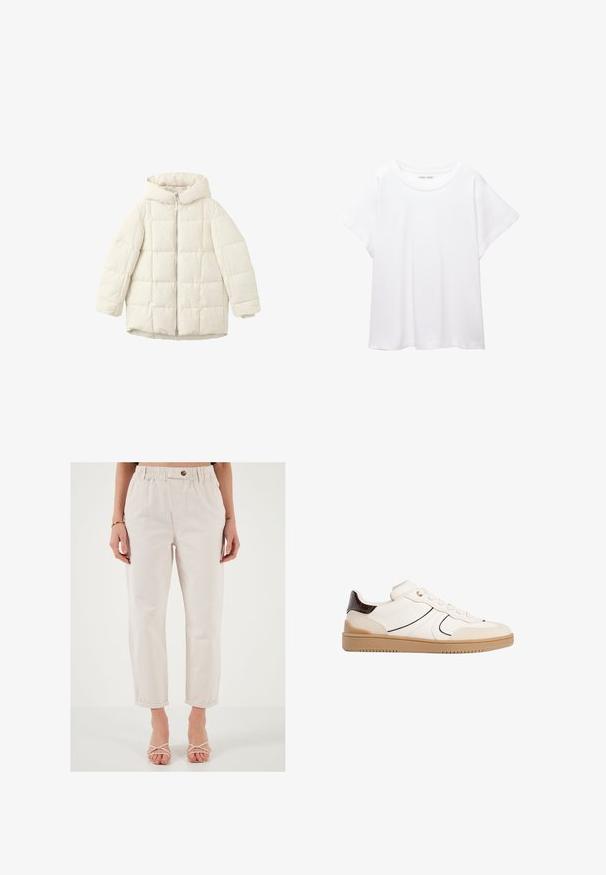 Giubbotto trapuntato bianco con cappuccio, dotato di zip frontale e maniche ampie. Tessuto liscio e motivo quadrato cucito.; T-shirt bianco realizzato in un tessuto morbido e leggero. Presenta un collo rotondo e maniche corte e larghe con vestibilità morbida. Nessun motivo visibile.; Pantaloni beige chiaro con cintura elastica, dotati di bottone frontale, gamba affusolata e orli arrotolati. Realizzati in un tessuto liscio e testurizzato.; Stradivarius Sneakers basse - white