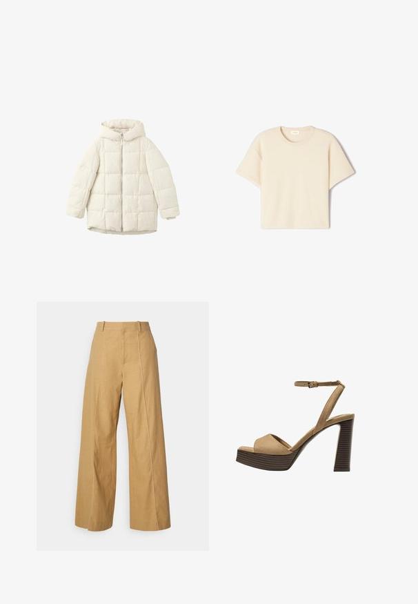 Bijela pufasta jakna od quilted materijala s kapuljačom, s prednjim patentnim zatvaračem i prostranim rukavima. Glatka tekstura i prošiveni kvadratni uzorak.; Kratki rukavi, bež T-shirt od mekog materijala, s okruglim izrezom i opuštenim krojem, s suptilnom teksturom i bez vidljivih uzoraka.; Bež hlače širokih nogavica od platna s glatkom teksturom, s visokim strukom, bočnim šavovima i kontrastnim šavovima.; Beige suedirane sandale s visokim potpeticama, širokom prednjom trakom i trakicom oko gležnja, s debelom drvenom blok-potpeticom s teksturiranim završetkom.
