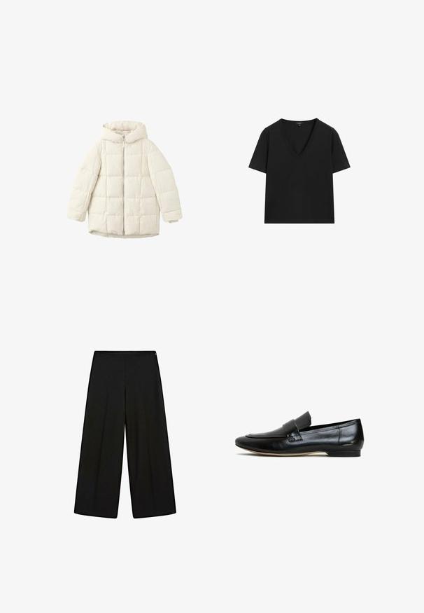 Vit quiltad puffjacka med huva, med en framdragkedja och rymliga ärmar. Slät yta och sydd fyrkantig mönster.; Svart kortärmad V-ringad T-shirt med en enkel, figurnära design på en vit bakgrund.; Svarta vida byxor i mjukt tyg, med hög midja och veck, som har en slät yta utan synliga dekorationer.; Svarta läderloafers med en slät yta, rund tå och ett dekorativt band över framsidan. Lätt sula med en liten klack.