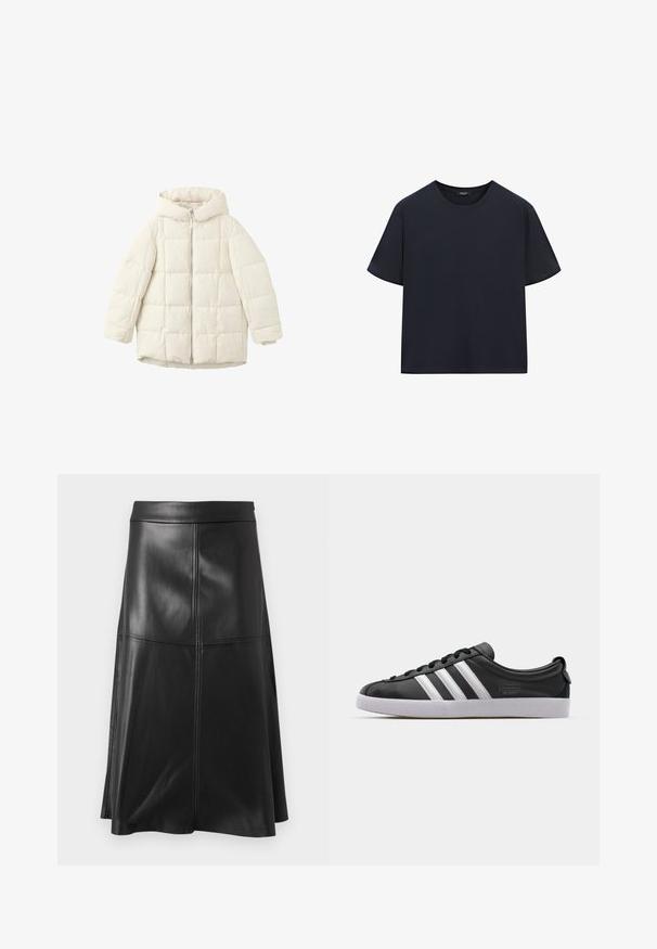 Witte gewatteerde pufferjas met een capuchon, voorzien van een ritssluiting aan de voorkant en ruime mouwen. Glad oppervlak en gestikt vierkant patroon.; Effen zwart T-shirt met korte mouwen en ronde hals, met een reguliere pasvorm en zonder zichtbare logo's of patronen, weergegeven tegen een witte achtergrond.; Zwarte leren A-lijn rok met een gladde textuur, voorzien van verticale naaddetails en een tailleband. De zoom valt net onder de knie.; Zwarte lederen sneaker met een witte drie-strepen ontwerp, ronde neus, platte witte rubberen zool en merkdetail aan de zijkant.