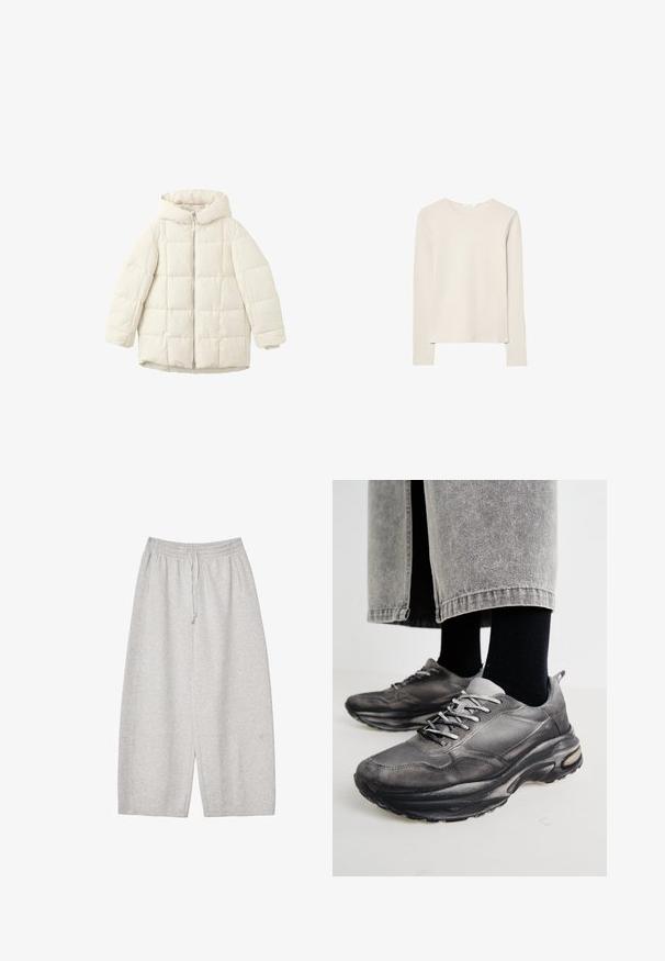 Weiß gesteppte Pufferjacke mit Kapuze, ausgestattet mit einem Reißverschluss auf der Vorderseite und weit geschnittenen Ärmeln. Glatte Textur und gestepptes Quadratmuster.; Hellbeige Langarmshirt aus weichem Stoff, mit Rundhalsausschnitt und lockerer Passform, geradem Saum und minimalen Nähdetails.; Hellgraue Sweatpants mit elastischem Bund und Kordelzug, locker sitzend und mit glatter Textur, ideal für Komfort und lässige Kleidung.; Schwarze und graue Sportschuhe verfügen über ein Obermaterial aus Mesh, dicke Sohlen und Schnürsenkel. Sie haben eine abgerundete Zehenpartie und sichtbare Dämpfungsdetails.