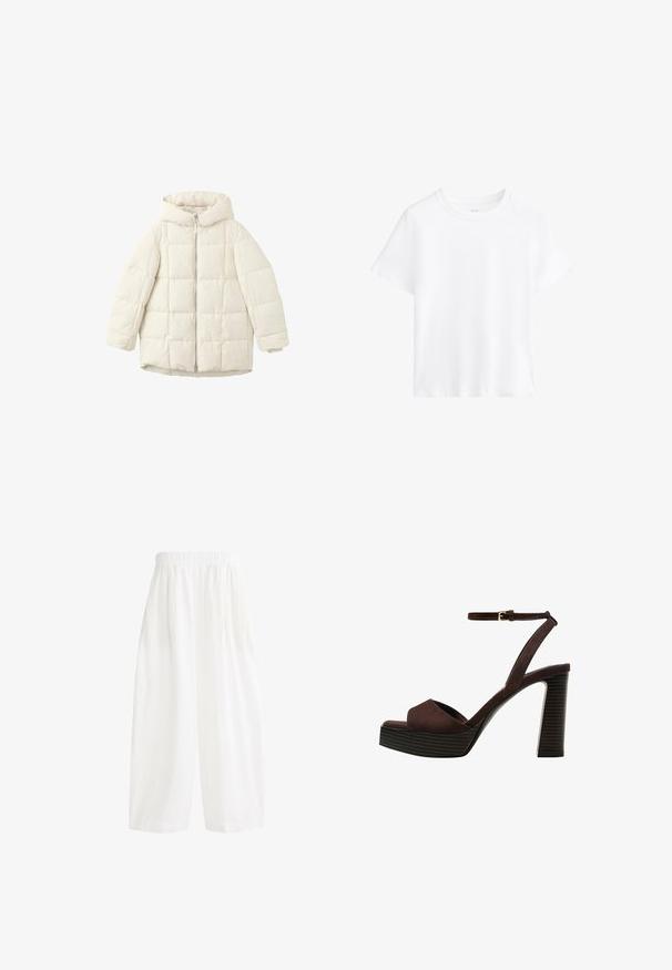 Biela prešívaná páperová bunda s kapucňou, má predný zips a priestranné rukávy. Hladká textura a prešívaný štvorec vzor.; Biela bavlnená tričko, krátke rukávy, kulatý výstrih, voľný strih, hladká textúra, žiadne vzory ani akcenty, jednoduchý dizajn, všestranný štýl.; Biele, vysoko pásové nohavice s širokými nohavicami, elastickým pásom a mäkkou, textúrovanou tkaninou. Dizajn obsahuje skladby pre väčší objem.; Hnedé semišové sandále na vysokom podpätku s otvorenou špičkou, nastaviteľným členkovým remienkom a pruhovanou platformovou podrážkou.