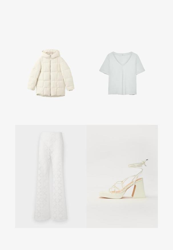 Vit quiltad puffjacka med huva, med en framdragkedja och rymliga ärmar. Slät yta och sydd fyrkantig mönster.; Ljust grå kortärmad T-shirt med V-ringning, tillverkad av mjukt material; har en avslappnad passform och rena sömmar utan mönster.; Vita utsvängda byxor gjorda av textil med en diamantstruktur. Midjan är slät, utan synlig hårdvara eller accenter.; Vit högklackad sandal med en kraftig klack, med ett remdesign och ankelband. Slät textur med en plattform framtill för ökad höjd.